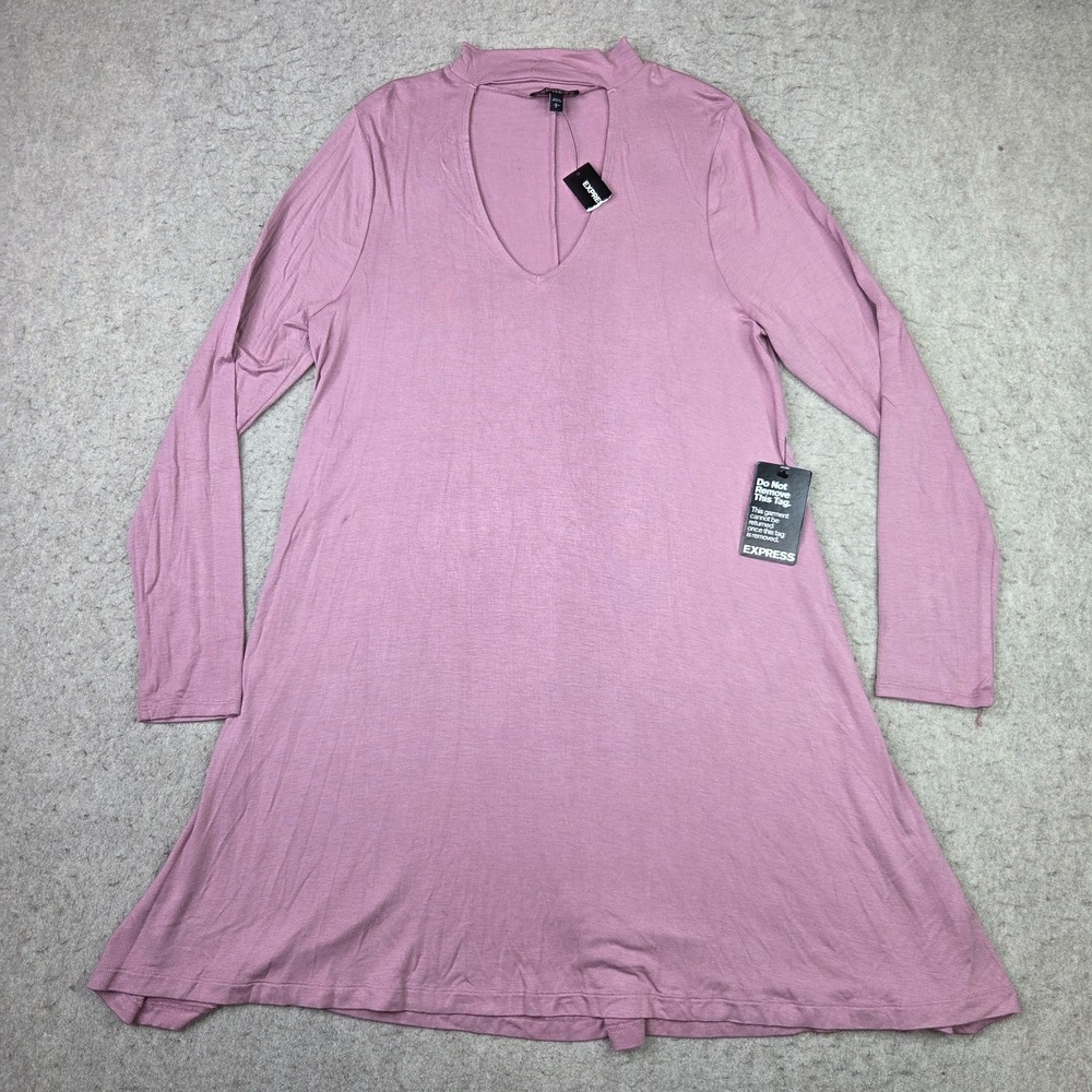 Express Choker Deep Plunge V-Neck Dress Womens L Pink Long Sleeve Stretch NEW